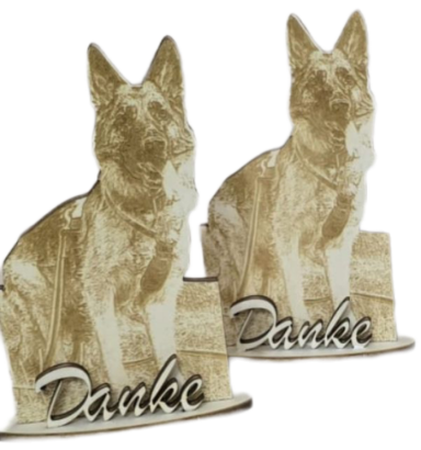 Zwei fertig gravierte Holzaufsteller mit Schäferhund-Motiv und ,Danke'-Schriftzug. Laser Cut. Individuelles Geschenk für alle Begleiter